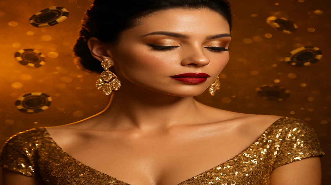 সোনালি পোশাক ও ঝলমলে ইয়ারিং পরা এক জাঁকজমকপূর্ণ নারী, good11 উড়ন্ত গেমিং প্ল্যাটফর্ম চিপগুলো ও জ্বলন্ত আলোয় ঘিরে আছেন।