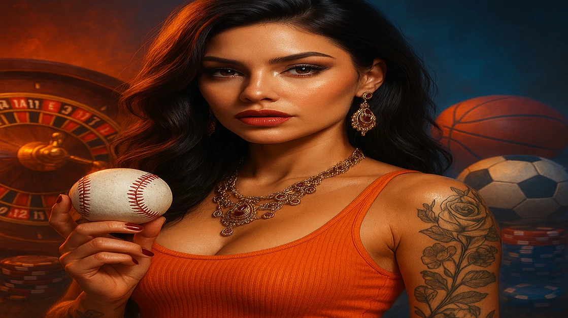 ট্যাটু-সমৃদ্ধ এক সাহসী নারী, কমলা টপ পরা, একটি বেসবল ধরে আছেন; চারপাশে গেম সেন্টারের চিপ ও উড়ন্ত ফুটবল ছড়িয়ে আছে, good11 এর মতো একটি চিত্তাকর্ষক এন্টারটেইনমেন্ট মুহূর্ত।